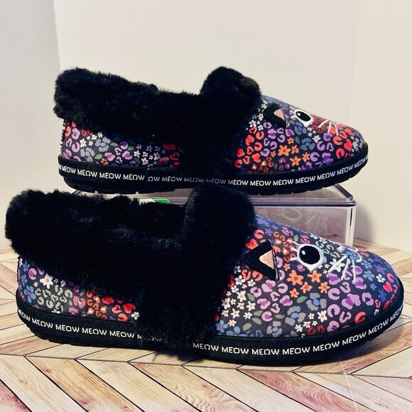BOBS Skechers Too Cozy Meow Cat Women's 6 Floral Slippers Fur Embroidered Vegan - Picture 2 of 10